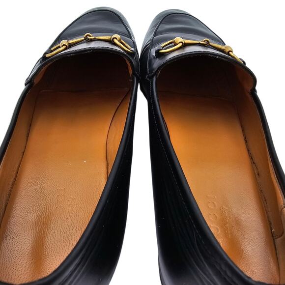 Gucci Jordaan Horsebit Slip On Flat Loafer Black Leather Gold Size 40 US 10 - Picture 7 of 12